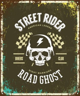 Vintage bisikletçileri kulübü koyu arka plan üzerinde izole t-shirt logo vektör. Premium Kalite kafatası kask logo tişört amblemi resimde. Street efsanevi binici eski retro tee baskı Tasarım Giyim.