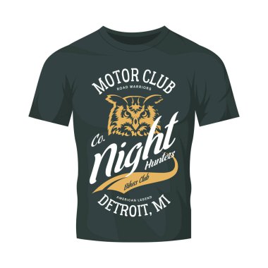 Vintage bisikletçileri kulübü vektör logo kara günü t-shirt alay et. Premium Kalite baykuş kuş gece avcı logo tişört amblemi illüstrasyon. Detroit, Michigan sokak giyim üstün retro tee baskı tasarımı.