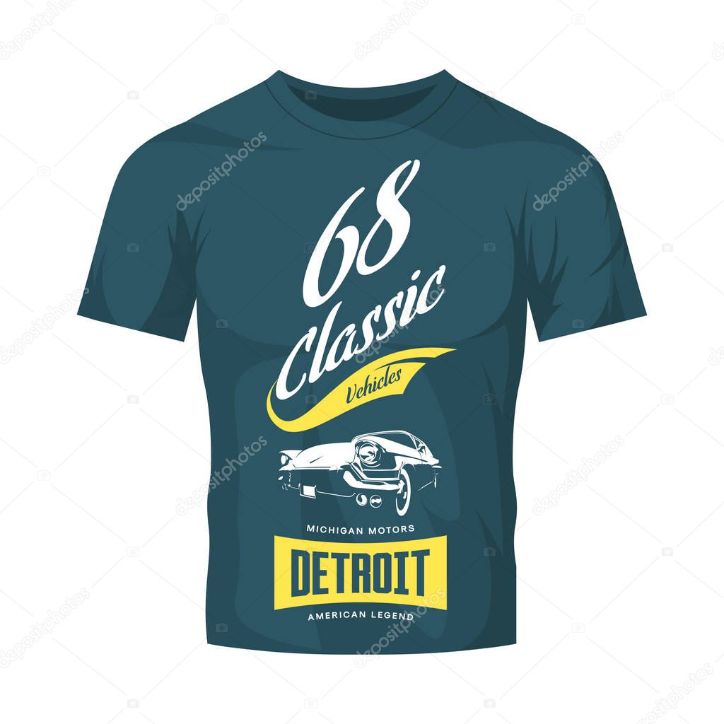 Vintage American vehicle vector logo on dark t-shirt mock up.Premium quality classic car logotype tee-shirt emblem illustration. Detroit, Michigan street wear superior retro tee print design.