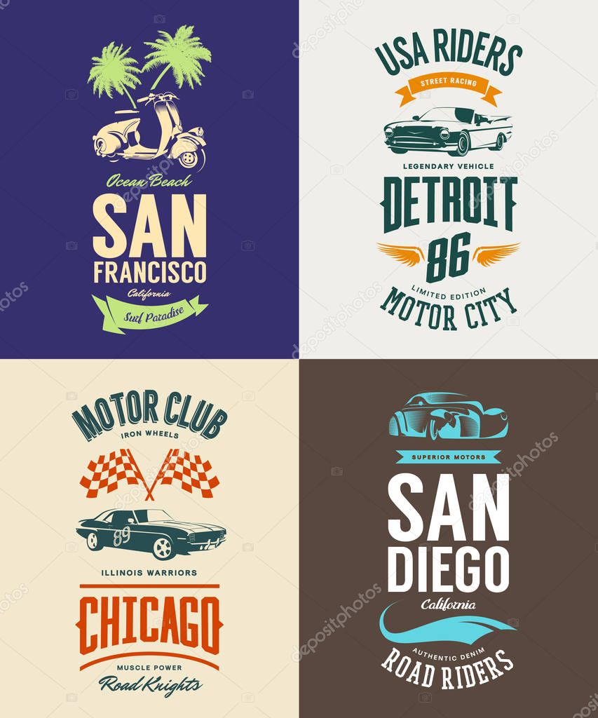 Vintage muscle car, moped, cabriolet and classic vehicle vector t-shirt logo isolated set.Premium quality scooter logotype tee-shirt emblem illustration. USA riders street wear retro tee print design.