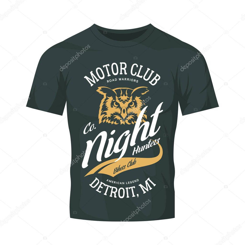 Vintage bikers club vector logo on dark t-shirt mock up.Premium quality owl bird night hunter logotype tee-shirt emblem illustration. Detroit, Michigan street wear superior retro tee print design.