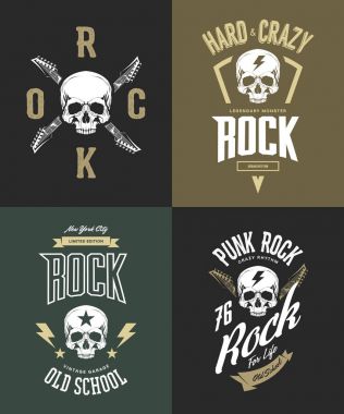 Vintage zor ve punk rock koyu arka plan üzerinde izole t-shirt logo vektör. Premium Kalite kafatası logo tişört amblemi illüstrasyon. Sokak giyim efsanevi müzik tarzı retro tee baskı tasarımı seti.