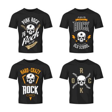 Vintage sert ve koyu t-shirt üzerine izole punk rock vektör logo kadar alay et. Premium Kalite kafatası logo tişört amblemi illüstrasyon. Sokak giyim efsanevi müzik tarzı eski retro tee baskı tasarımı seti.