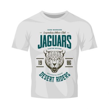 Vintage öfkeli jaguar özel kulüp vektör logo kadar beyaz t-shirt sahte motorlar. Premium Kalite bisikletçileri logo tişört amblemi illüstrasyon grup. Vahşi hayvan sokak giyim retro tee baskı tasarımı.