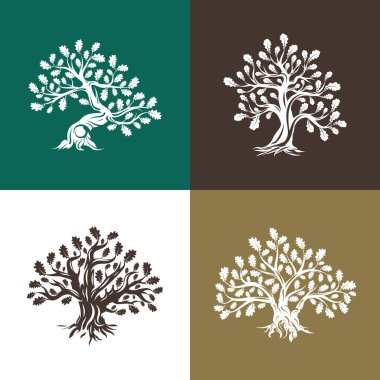 Arka plan üzerinde izole büyük ve kutsal meşe ağacı siluet logosunu görmeniz gerekir. Modern vektör Ulusal gelenek yeşil bitki simgesini işaret tasarım ayarlayın. Premium Kalite organik logo düz amblemi illüstrasyon.