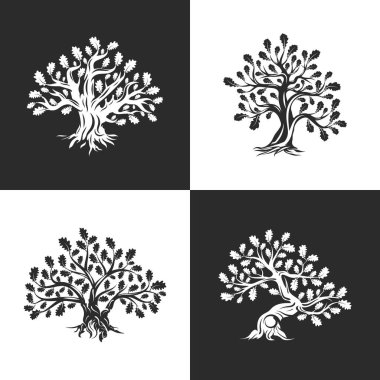 Arka plan üzerinde izole büyük ve kutsal meşe ağacı siluet logosunu görmeniz gerekir. Modern vektör Ulusal gelenek yeşil bitki simgesini işaret tasarım ayarlayın. Premium Kalite organik logo düz amblemi illüstrasyon.