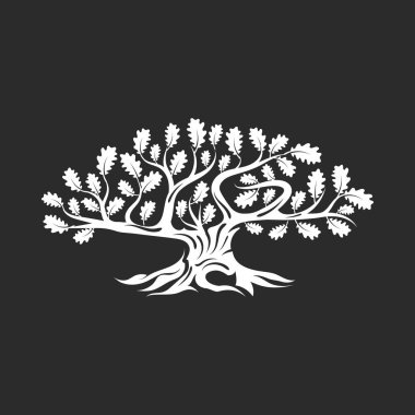 Koyu arka plan üzerinde izole büyük ve kutsal meşe ağacı siluet logosunu görmeniz gerekir. Modern vektör Ulusal gelenek yeşil bitki simgesini işaret tasarımı. Premium Kalite organik logo düz amblemi illüstrasyon.