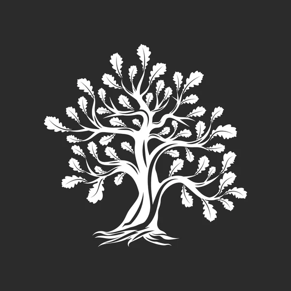 Stora Och Heliga Oak Tree Siluett Logotyp Isolerad Mörk Bakgrund — Stock vektor
