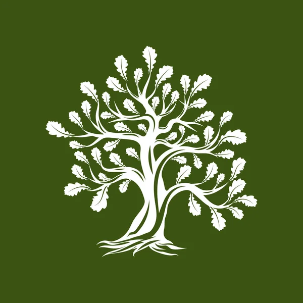 Wielkie Święte Drzewo Dąb Sylwetka Logo Białym Tle Zielonym Tle — Wektor stockowy