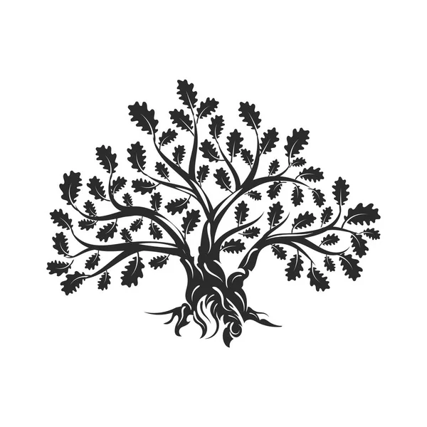 Huge Sacred Oak Tree Silhouette Logo Isolated White Background Modern — Stock Vector