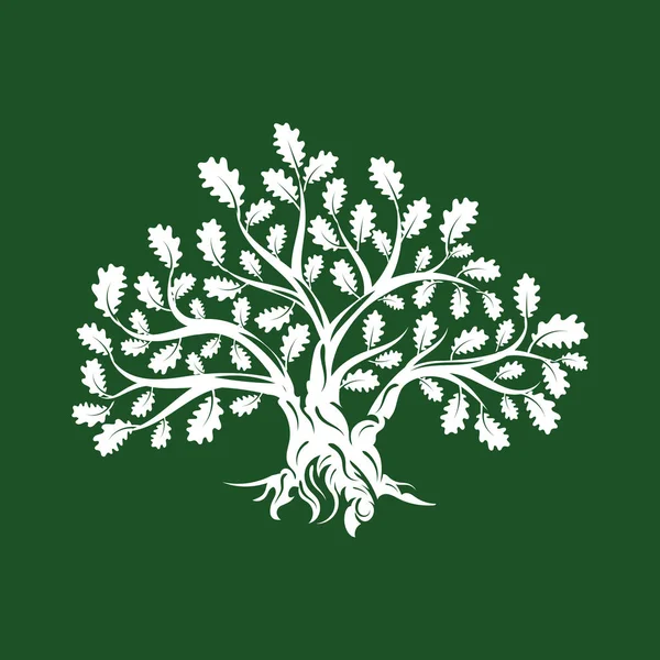 巨大な神聖な樫の木シルエットのロゴが緑の背景に分離されました 現代ベクトル国民の伝統植物アイコン サイン計画 プレミアム品質有機ロゴタイプ フラット エンブレム イラスト — ストックベクタ