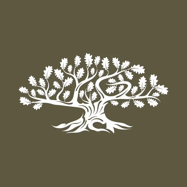 Wielkie Święte Drzewo Dąb Sylwetka Logo Białym Tle Brązowym Tle — Wektor stockowy
