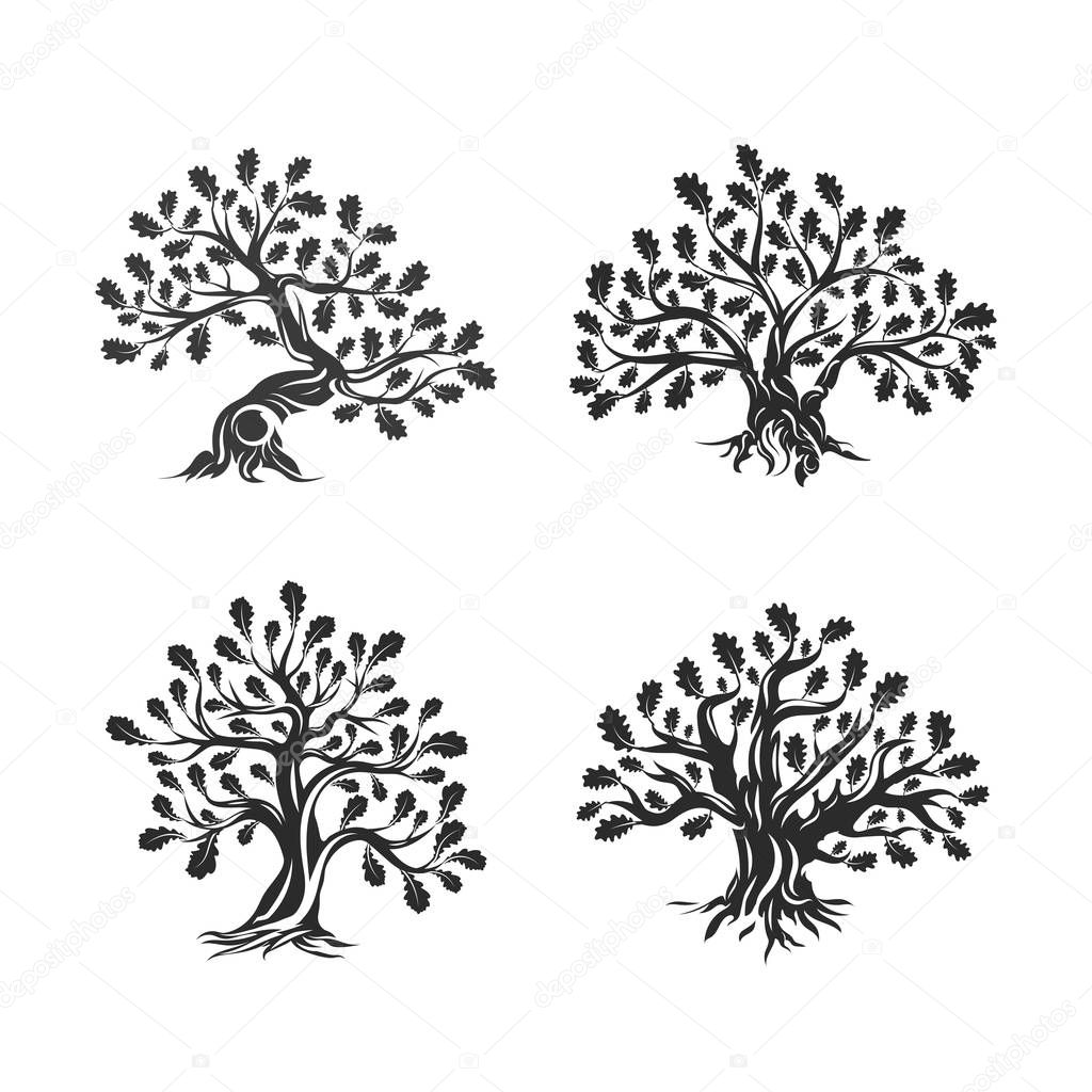 Huge and sacred oak tree silhouette logo isolated on white background. Modern vector national tradition green plant icon sign design set.Premium quality organic logotype flat emblem illustration.