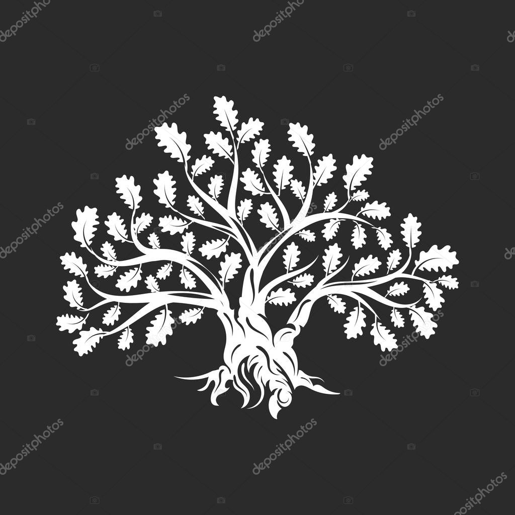 Huge and sacred oak tree silhouette logo isolated on dark background. Modern vector national tradition green plant icon sign design. Premium quality organic logotype flat emblem illustration.