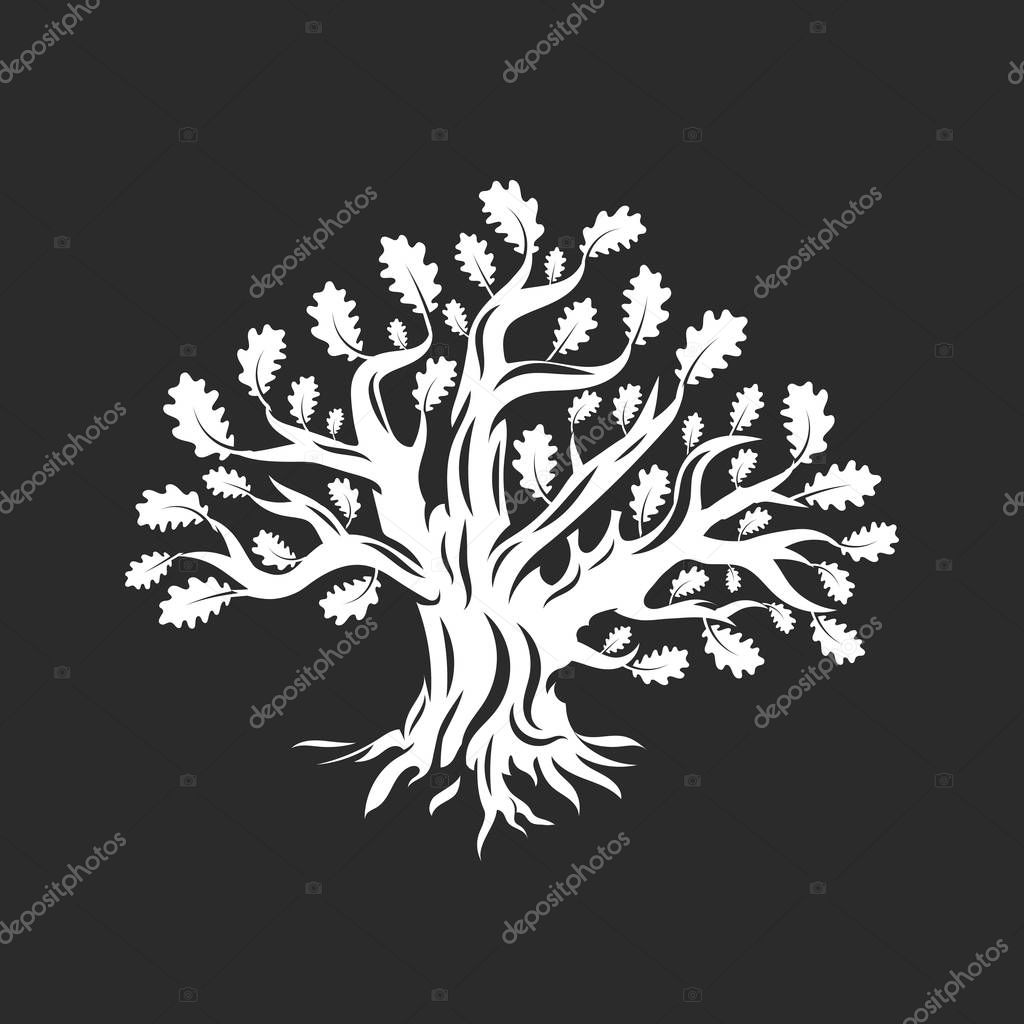 Huge and sacred oak tree silhouette logo isolated on dark background. Modern vector national tradition green plant icon sign design. Premium quality organic logotype flat emblem illustration.
