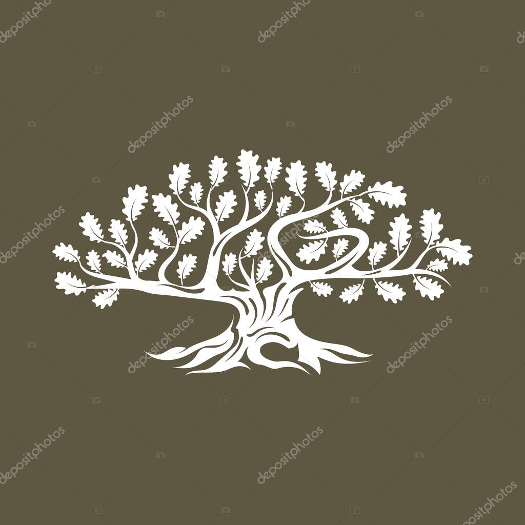 Huge and sacred oak tree silhouette logo isolated on brown background. Modern vector national tradition green plant icon sign design. Premium quality organic logotype flat emblem illustration.