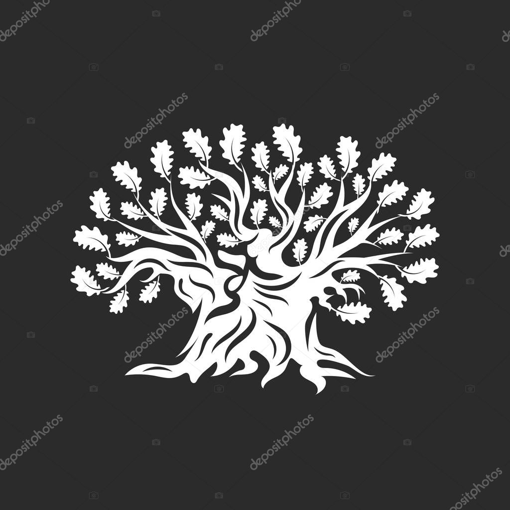 Huge and sacred oak tree silhouette logo badge isolated on dark background. Modern vector national tradition green plant icon sign design. Premium quality organic logotype flat emblem illustration.