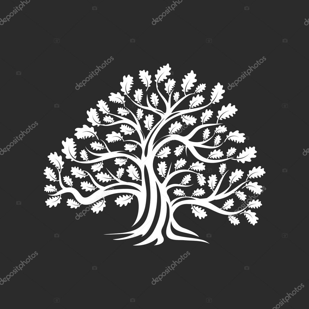 Huge and sacred oak tree silhouette logo badge isolated on dark background. Modern vector national tradition green plant icon sign design. Premium quality organic logotype flat emblem illustration.