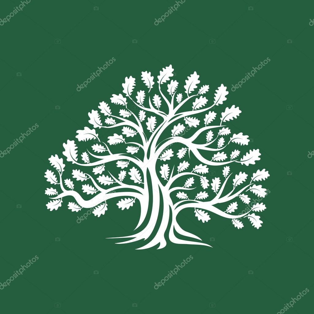 Huge and sacred oak tree silhouette logo badge isolated on brown background. Modern vector national tradition green plant icon sign design. Premium quality organic logotype flat emblem illustration.