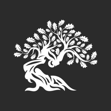 Koyu arka plan üzerinde izole büyük ve kutsal meşe ağacı siluet logo rozet.