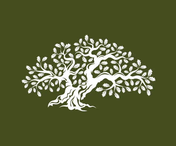 Enorme e sacra quercia silhouette logo distintivo isolato su sfondo verde . — Vettoriale Stock