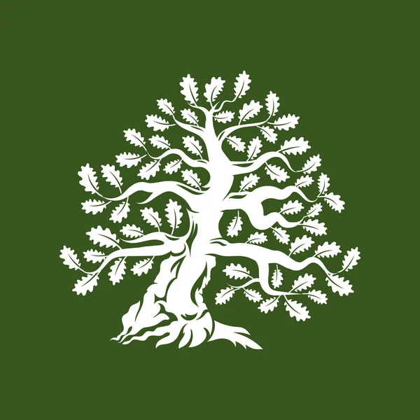 Enorme e sacra quercia silhouette logo distintivo isolato su sfondo verde — Vettoriale Stock