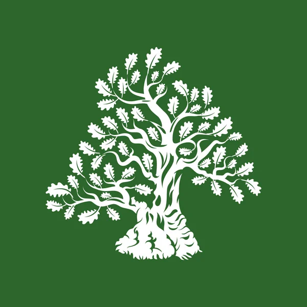 Enorme e sacra quercia silhouette logo distintivo isolato su sfondo verde . — Vettoriale Stock