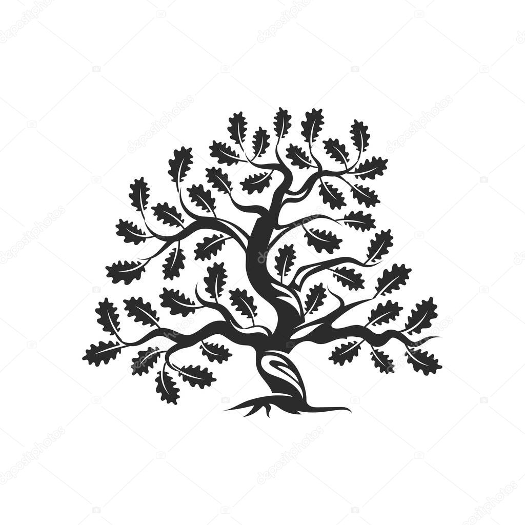 Huge and sacred oak tree silhouette logo badge isolated on white background.