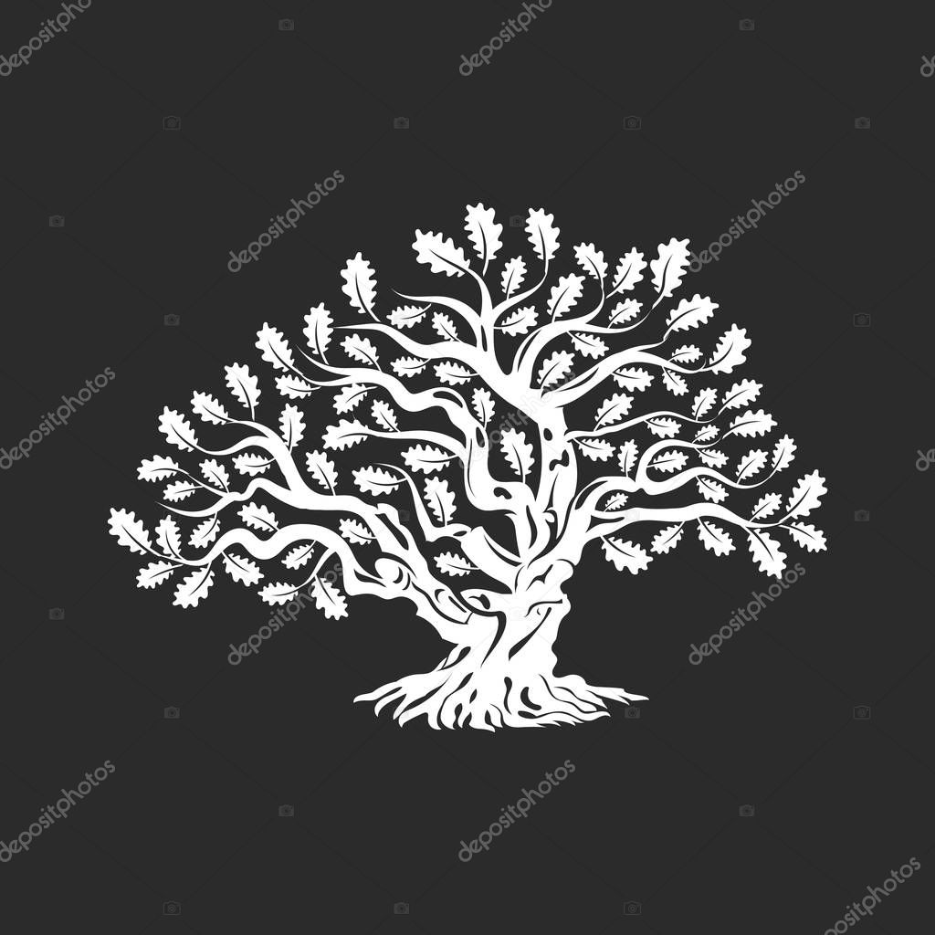 Huge and sacred oak tree silhouette logo badge isolated on dark background. Modern vector national tradition green plant icon sign design. Premium quality organic bonsai logotype flat illustration.