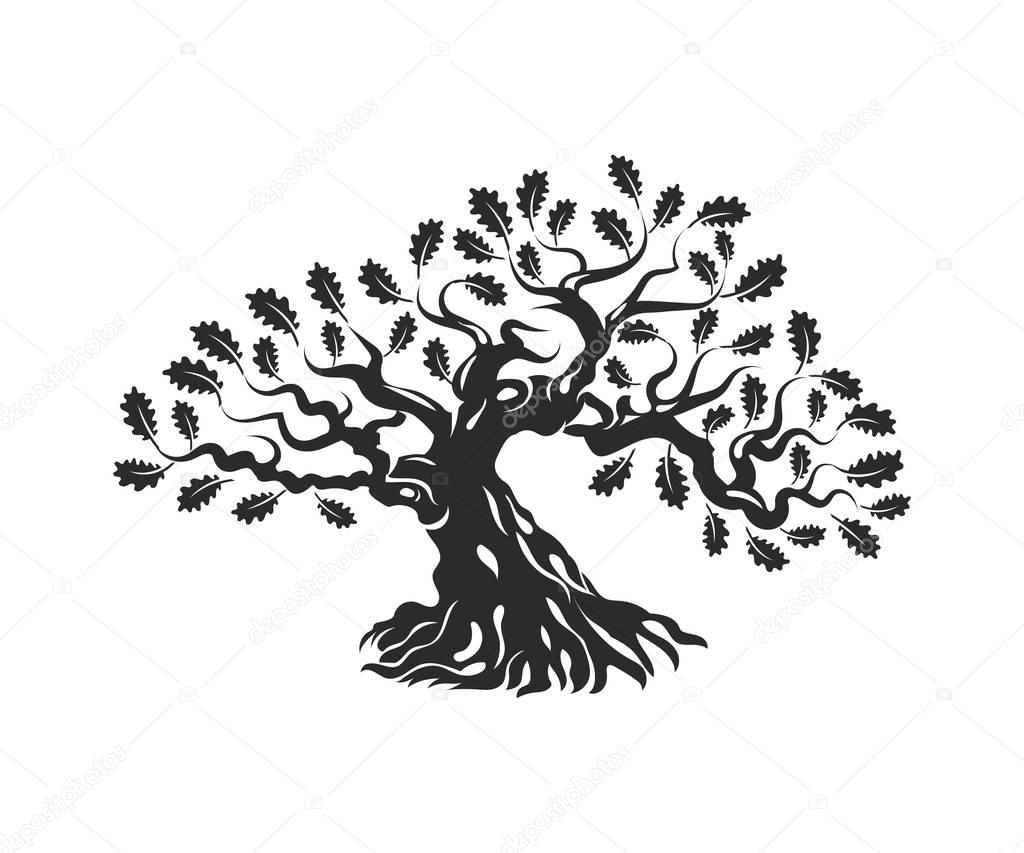 Huge and sacred oak tree silhouette logo badge isolated on white background. Modern vector national tradition green plant icon sign design. Premium quality organic bonsai logotype flat illustration.