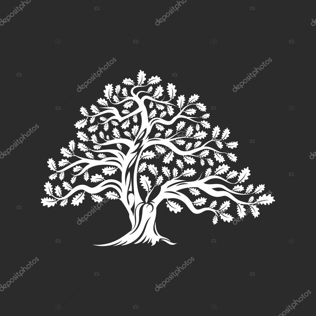 Huge and sacred oak tree silhouette logo badge isolated on dark background. Modern vector national tradition green plant icon sign design. Premium quality organic bonsai logotype flat illustration.