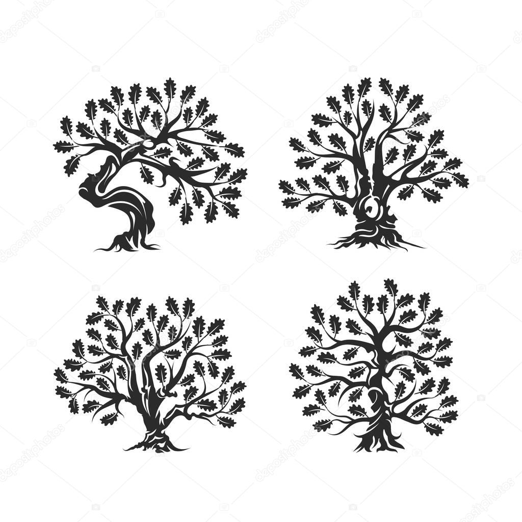 Huge and sacred oak tree silhouette logo isolated on white background. Modern vector national tradition green plant icon sign design set.Premium quality organic bonsai logotype flat illustration.
