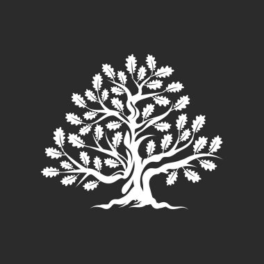 Koyu arka plan üzerinde izole büyük ve kutsal meşe ağacı siluet logo rozet.