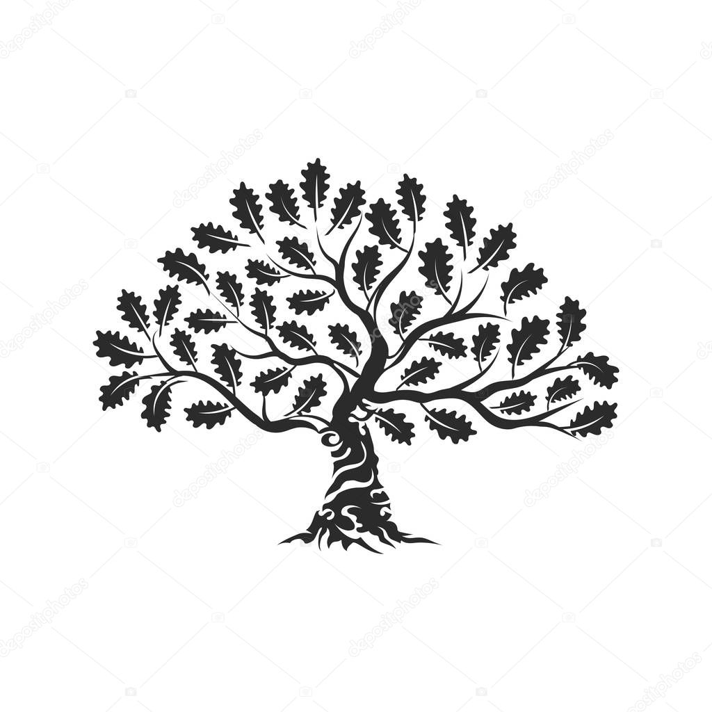 Huge and sacred oak tree silhouette logo badge isolated on white background