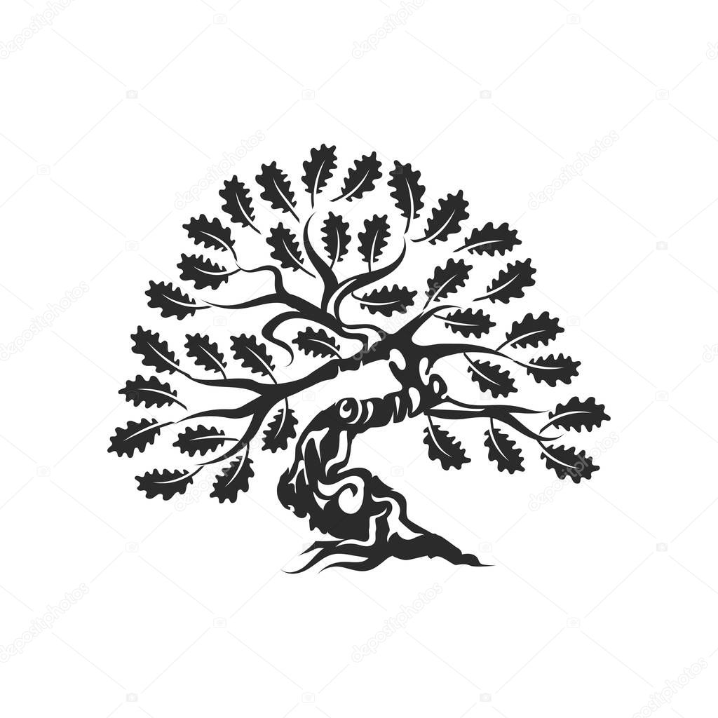 Huge and sacred oak tree silhouette logo badge isolated on white background.