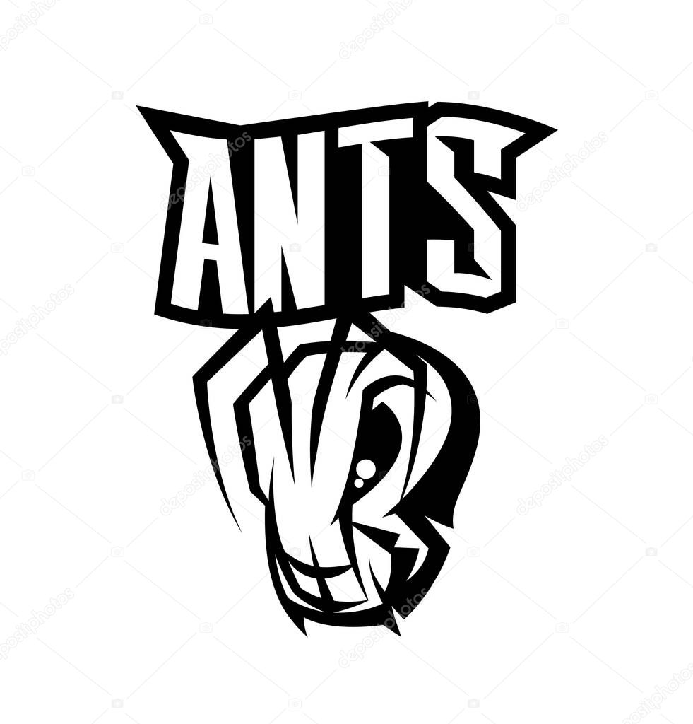 Furious ant sport black and white vector isolated logo concept. Modern professional team branding tee-shirt design.Premium quality wild insect t-shirt tee print emblem athletic illustration.