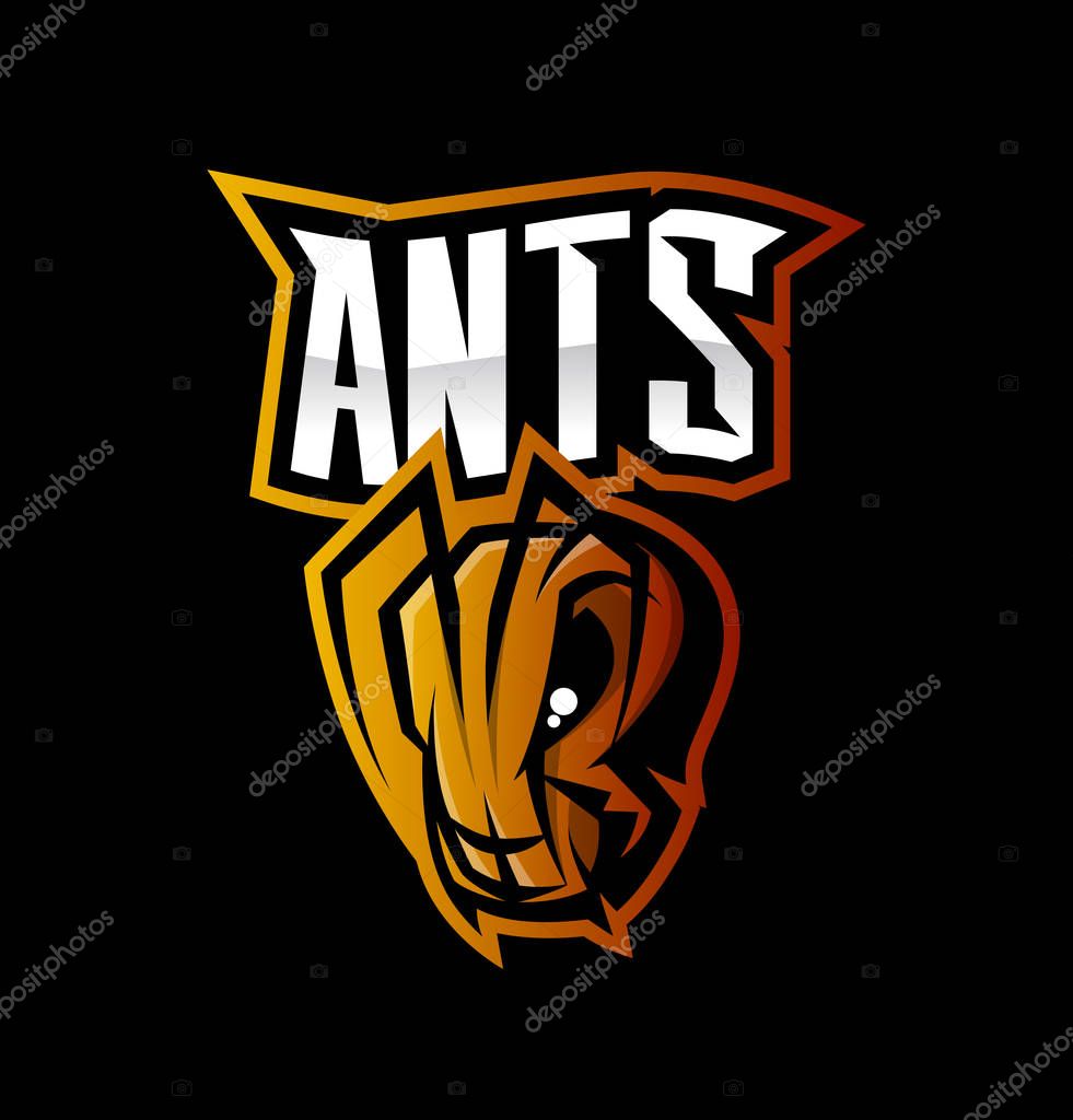 Furious ant sport vector logo concept isolated on black background. Modern professional team branding tee-shirt design.Premium quality wild insect t-shirt tee print emblem athletic illustration.