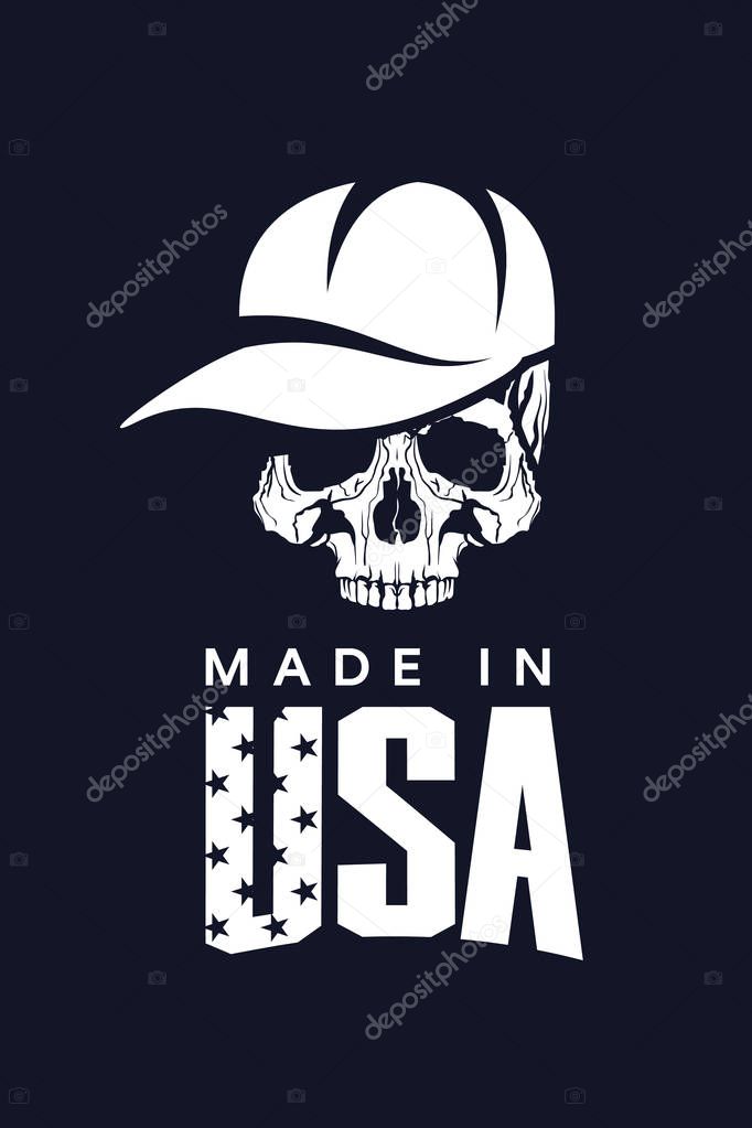 Made in United States of America vector t-shirt logo isolated on dark background. Premium quality skull in baseball cap logotype tee-shirt illustration. Street wear modern American tee print design.