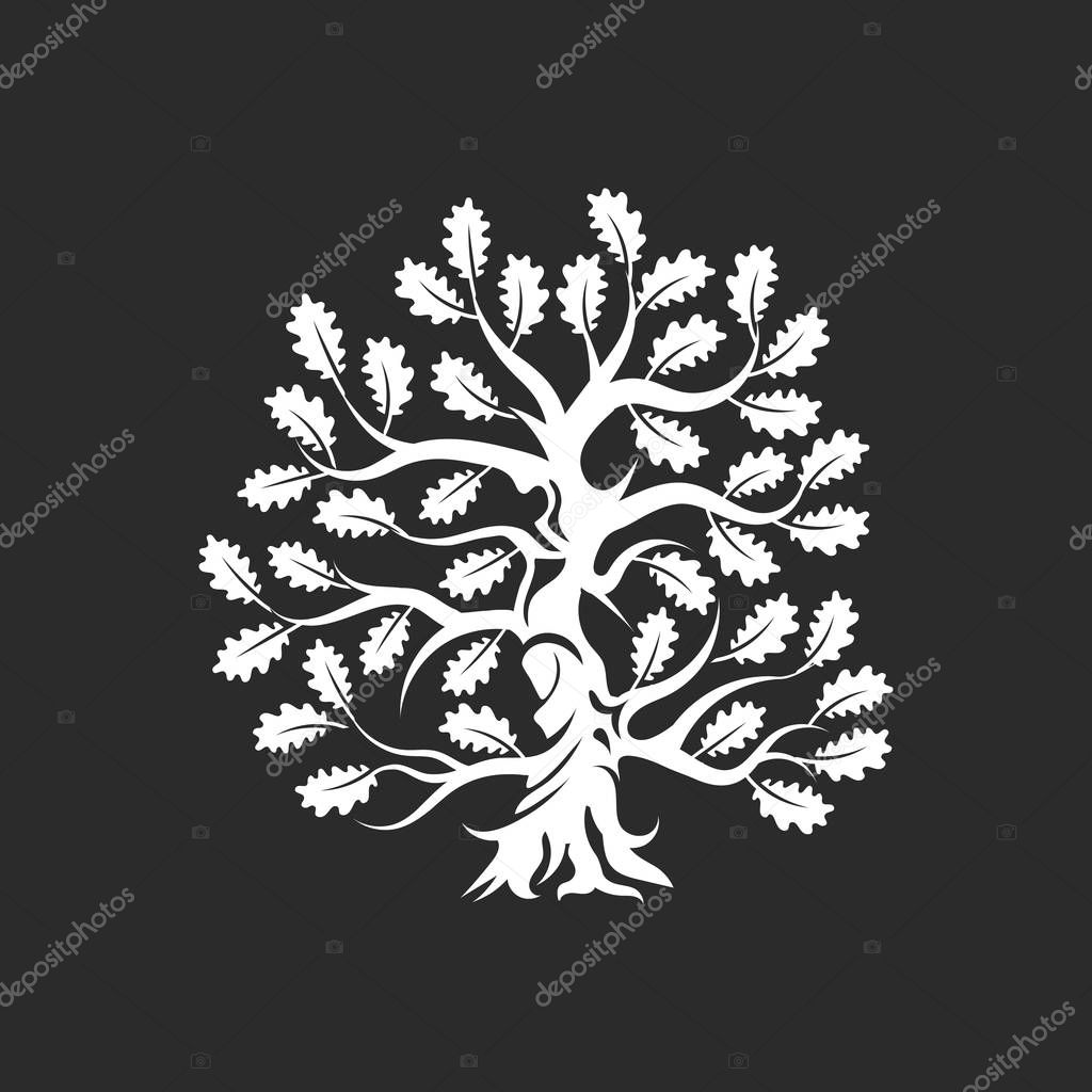 Huge and sacred oak tree silhouette logo badge isolated on dark background. Modern vector national tradition green plant icon sign design. Premium quality organic bonsai logotype flat illustration.