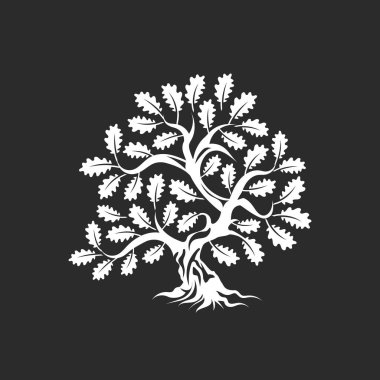 Büyük ve kutsal meşe ağacı siluet logo rozet koyu arka plan üzerinde izole. Modern vektör Ulusal gelenek yeşil bitki simgesini işaret tasarımı. Premium Kalite organik bonsai logo düz illüstrasyon.
