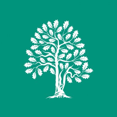 Büyük ve kutsal meşe ağacı siluet logo rozet üzerinde yeşil arka plan izole. Modern vektör Ulusal gelenek yeşil bitki simgesini işaret tasarımı. Premium Kalite organik bonsai logo düz illüstrasyon.