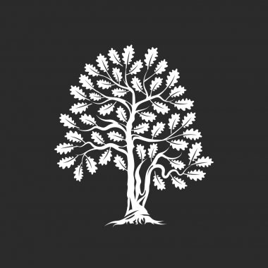 Büyük ve kutsal meşe ağacı siluet logo rozet koyu arka plan üzerinde izole. Modern vektör Ulusal gelenek yeşil bitki simgesini işaret tasarımı. Premium Kalite organik bonsai logo düz illüstrasyon.