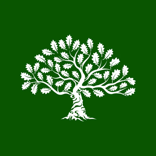 Büyük ve kutsal meşe ağacı siluet logo rozet üzerinde yeşil arka plan izole. Modern vektör Ulusal gelenek yeşil bitki simgesini işaret tasarımı. Premium Kalite organik bonsai logo düz illüstrasyon.