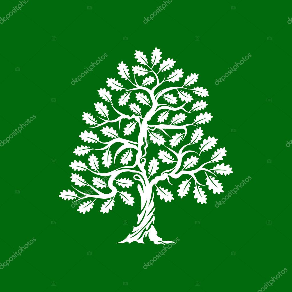 Huge and sacred oak tree silhouette logo badge isolated on green background. Modern vector national tradition green plant icon sign design. Premium quality organic bonsai logotype flat illustration.