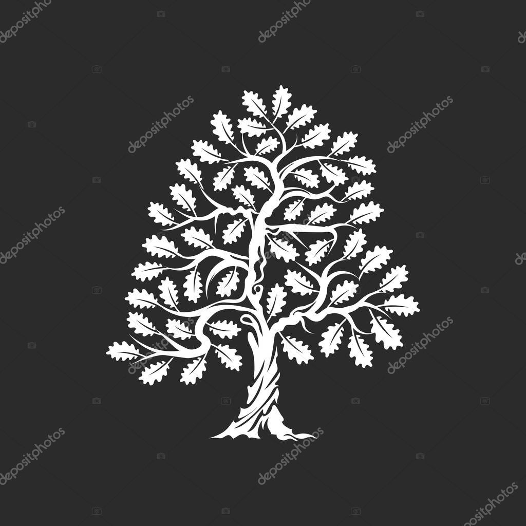 Huge and sacred oak tree silhouette logo badge isolated on dark background. Modern vector national tradition green plant icon sign design. Premium quality organic bonsai logotype flat illustration.