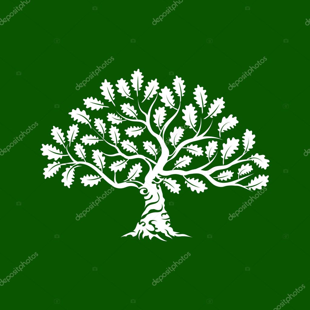 Huge and sacred oak tree silhouette logo badge isolated on green background. Modern vector national tradition green plant icon sign design. Premium quality organic bonsai logotype flat illustration.