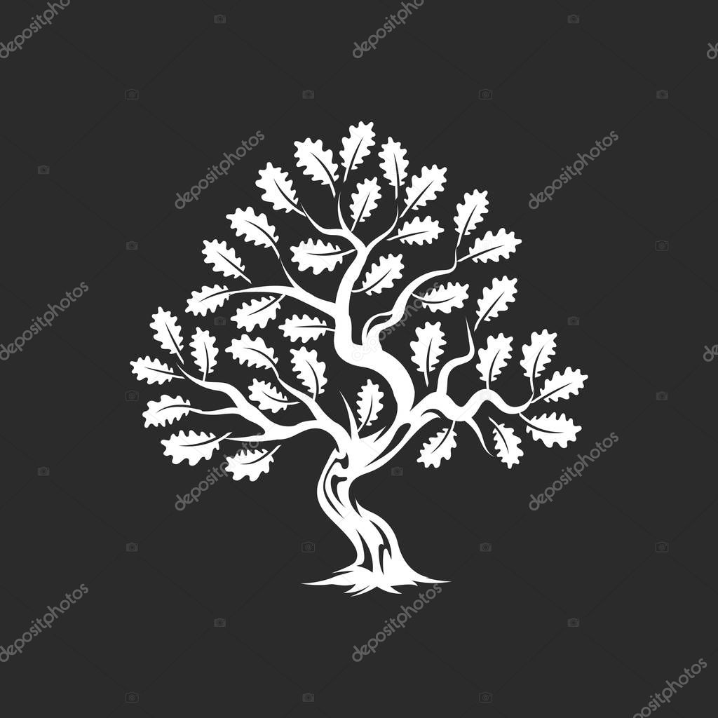 Huge and sacred oak tree silhouette logo badge isolated on dark background. Modern vector national tradition green plant icon sign design. Premium quality organic bonsai logotype flat illustration.