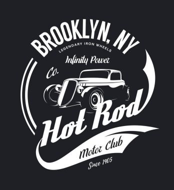Koyu arka plan üzerinde izole vintage hot rod vektör tişört logosunu görmeniz gerekir. Premium Kalite eski spor araba logo t-shirt amblemi illüstrasyon. Brooklyn, New York sokak giyim üstün retro tee baskı tasarımı.