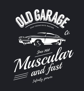 Vintage kas araba vektör logo koyu arka plan üzerinde izole. Premium Kalite eski spor araç logo t-shirt amblemi illüstrasyon. San Francisco sokak giyim üstün retro tee baskı tasarımı yarış.