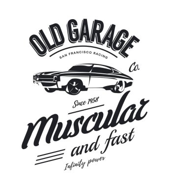 Vintage kas araba vektör logosu beyaz arka plan üzerinde izole. Premium Kalite eski spor araç logo t-shirt amblemi illüstrasyon. San Francisco sokak giyim üstün retro tee baskı tasarımı yarış.